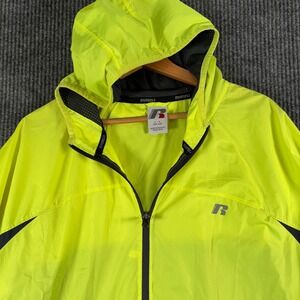 Russell Jacket Mens L Acid Yellow Black Hooded‎ Windbreaker Lightweight Running